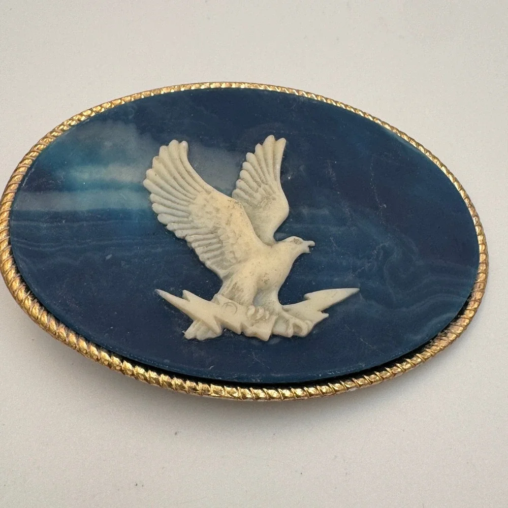 Incolay Stone Eagle Belt Buckle Blue White Marbled Handcrafted USA Vintage Oval
